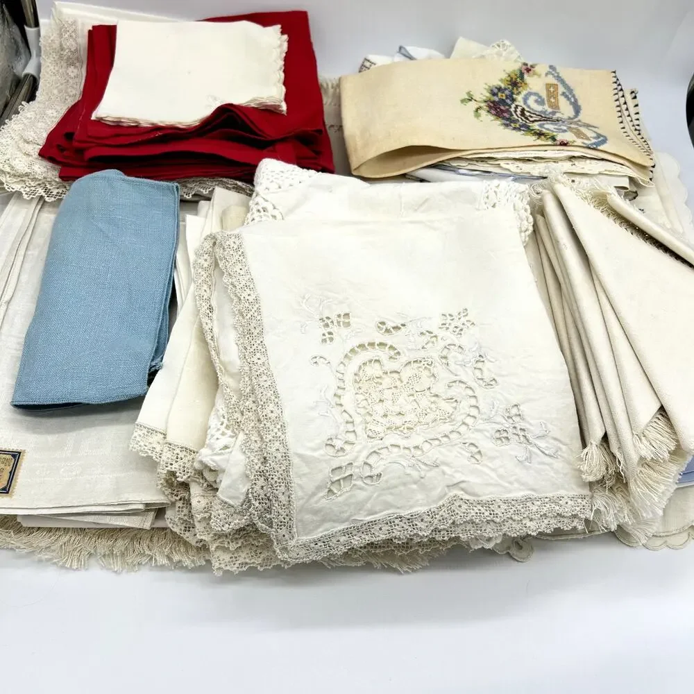 Vintage Table Linens Lot Stained Upcycling Napkins Placemats Floral Embroidered